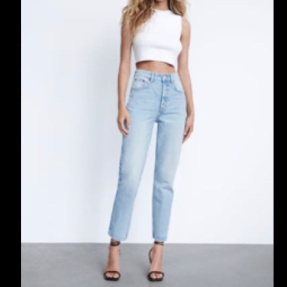 Zara light blue high waisted straight leg jeans